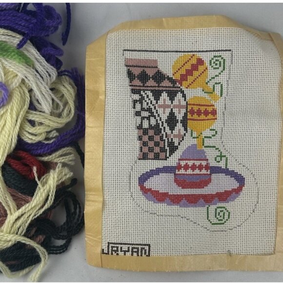 Other - Handpainted Needlepoint Canvas Christmas Mini Stocking Mexican Sombrero JRYAN